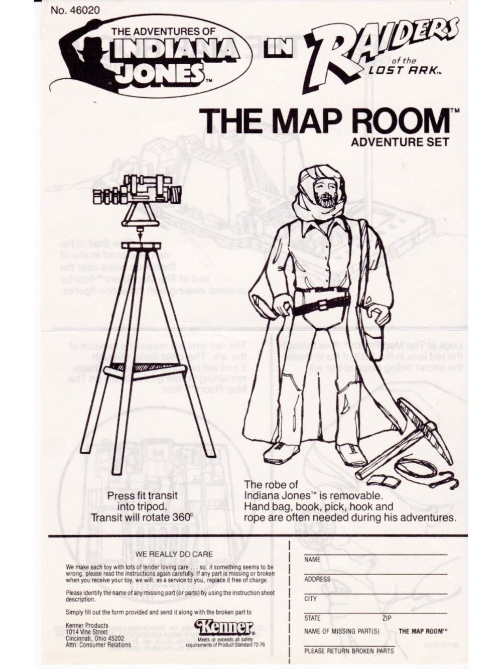 1982 Indiana Jones Map Room Adventure Set Instructions Kenner Raiders